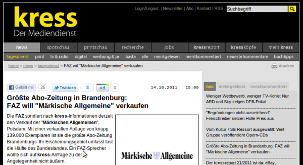 kress: FAZ will "Märkische Allgemeine" verkaufen