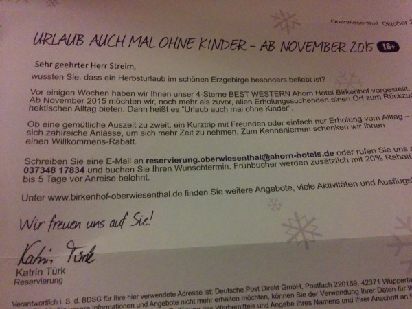 Brief vom Ahorn Hotel Birkenhof****